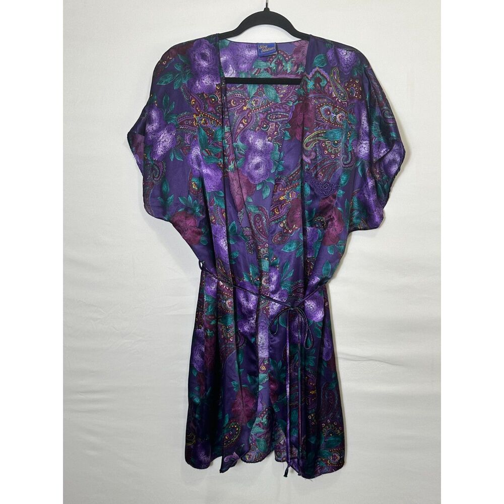 Sleep Solutions BOHO Vintage Women's Purple Paisley Satin Short Robe Tie SZ L